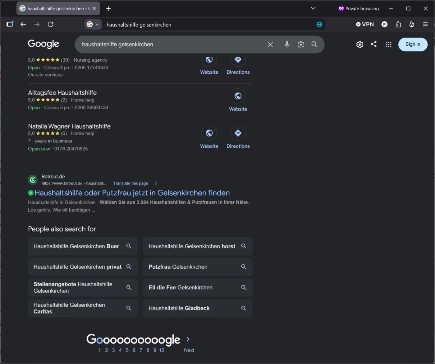 Google Local Pack für haushaltshilfe gelsenkirchen mit Alltagsfee Haushaltshilfe