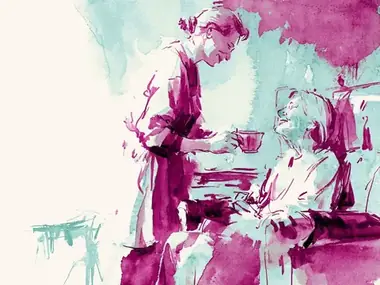 Aquarell: Pflegekraft reicht einer älteren Dame eine Tasse Tee