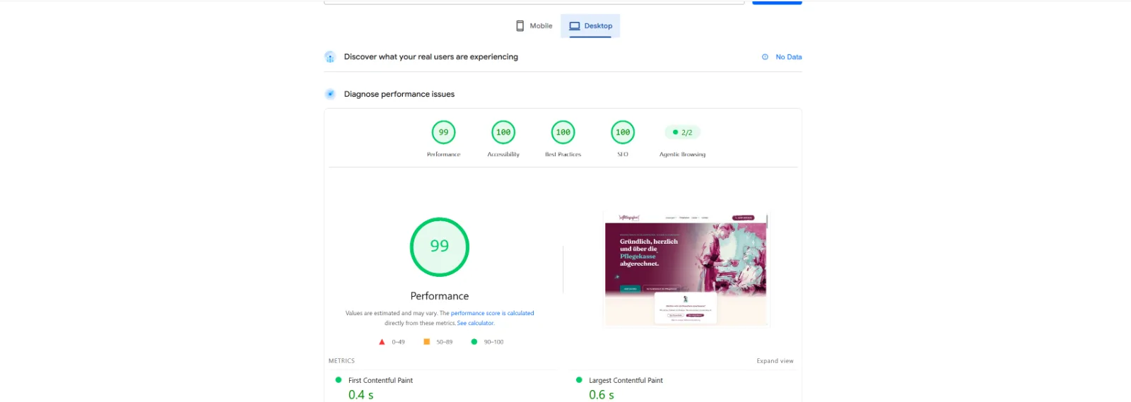 PageSpeed Insights, Desktop
