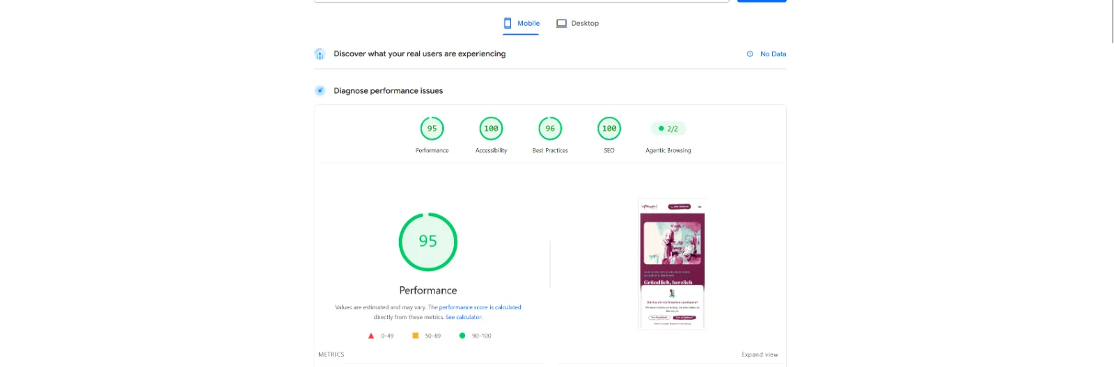 PageSpeed Insights, mobil
