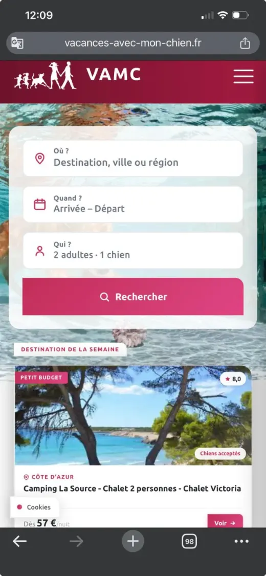 Startseite von vacances-avec-mon-chien.fr auf dem Smartphone