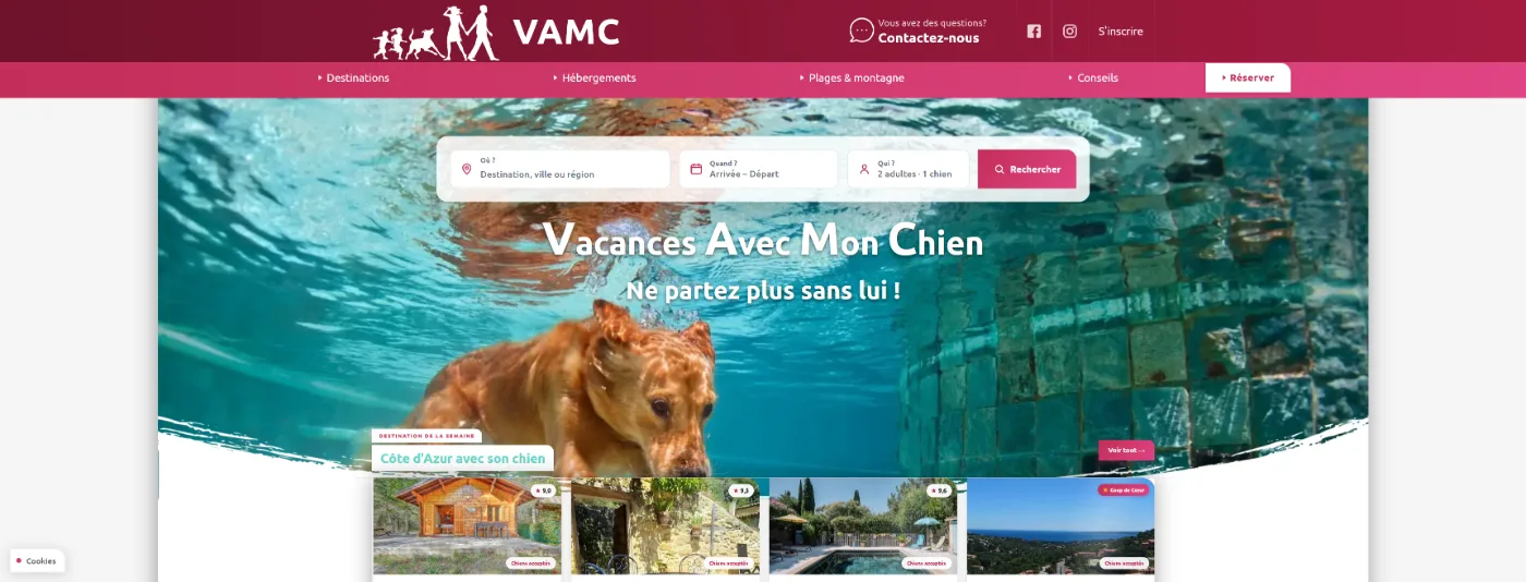 Desktop-Ansicht der Startseite von vacances-avec-mon-chien.fr